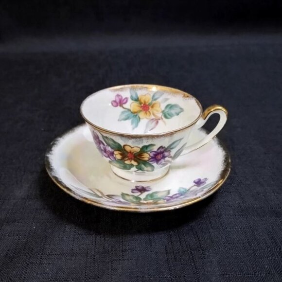 Vintage Porcelain Norcrest Japan Floral Iridescent Teacup and Saucer Set - Picture 1 of 13